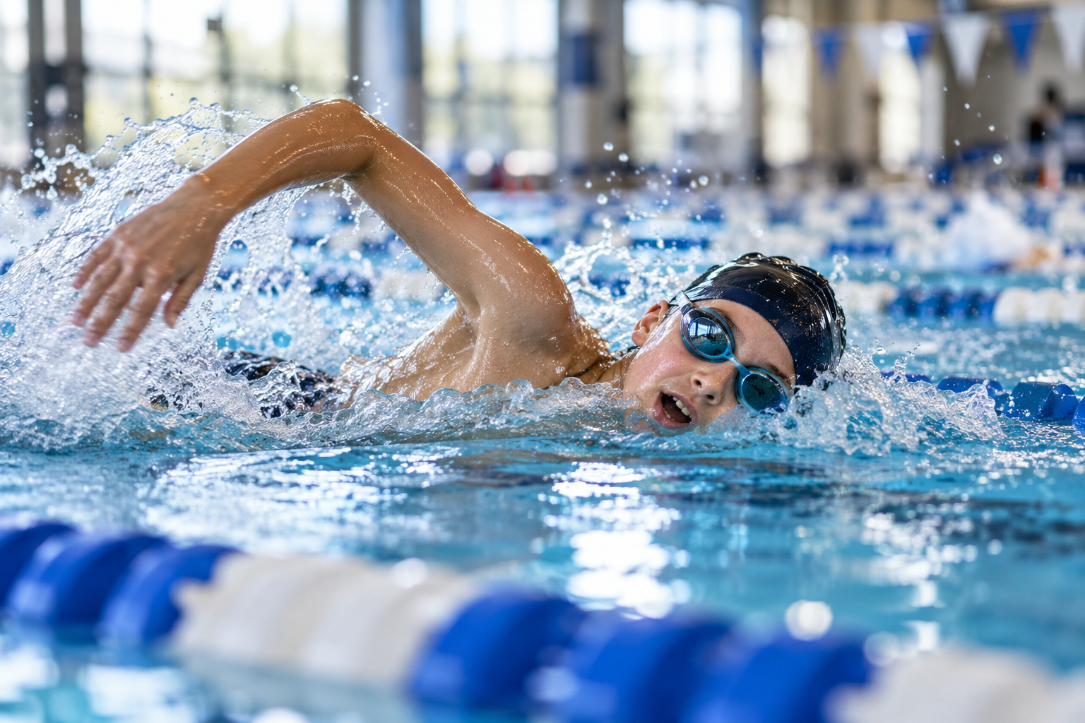 Youth swimmer racing freestyle in a pool